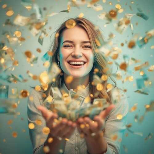 Money Healing Mentoring – Von Mangel zu finanzieller Fülle Frau wirft Geldscheine in die Luft – symbolisch für finanzielle Freiheit und Fülle-Bewusstsein nach dem Money Healing Mentoring