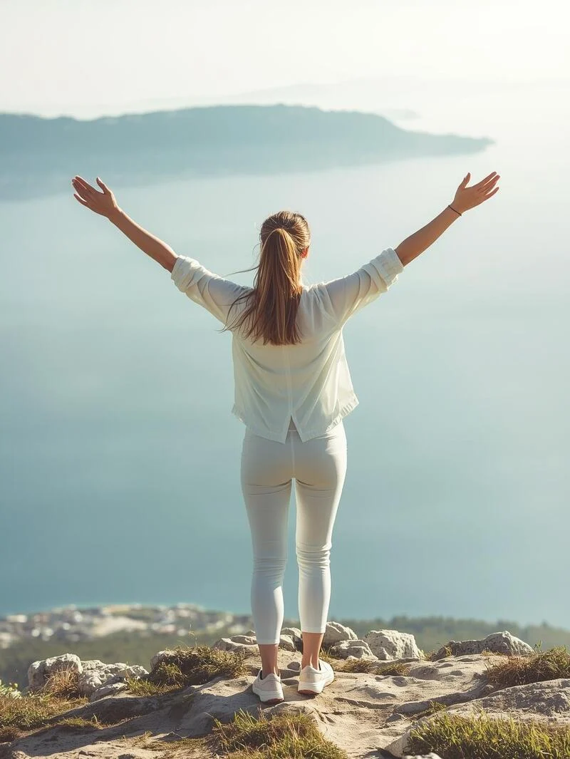 Junge Frau streckt stolz die Arme aus auf einer Klippe am Meer – Symbol für innere Freiheit und Transformation durch Seelenthema Mentoring