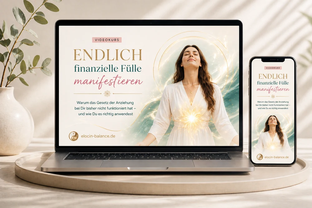 Videokurs Endlich finanzielle Fülle manifestieren von Elocin Balance – Darstellung auf Laptop und Smartphone