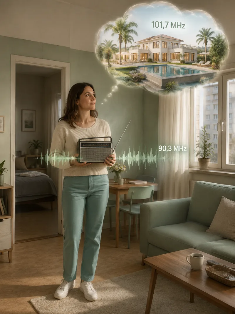 Eine Frau steht mit einem alten Radio in ihrem Wohnzimmer und stellt bewusst die Frequenz von 90,3 auf 101,7 MHz um, während über ihr eine Villa mit Pool als Gedankenbild erscheint. Das Bild symbolisiert, wie bewusste Frequenz-Abstimmung beim Manifestieren finanzieller Fülle wirkt.